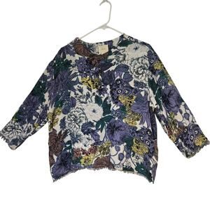 Maeve Anthropologie Floral Raw Hem Oversized Whimsical Button Top, Size Small